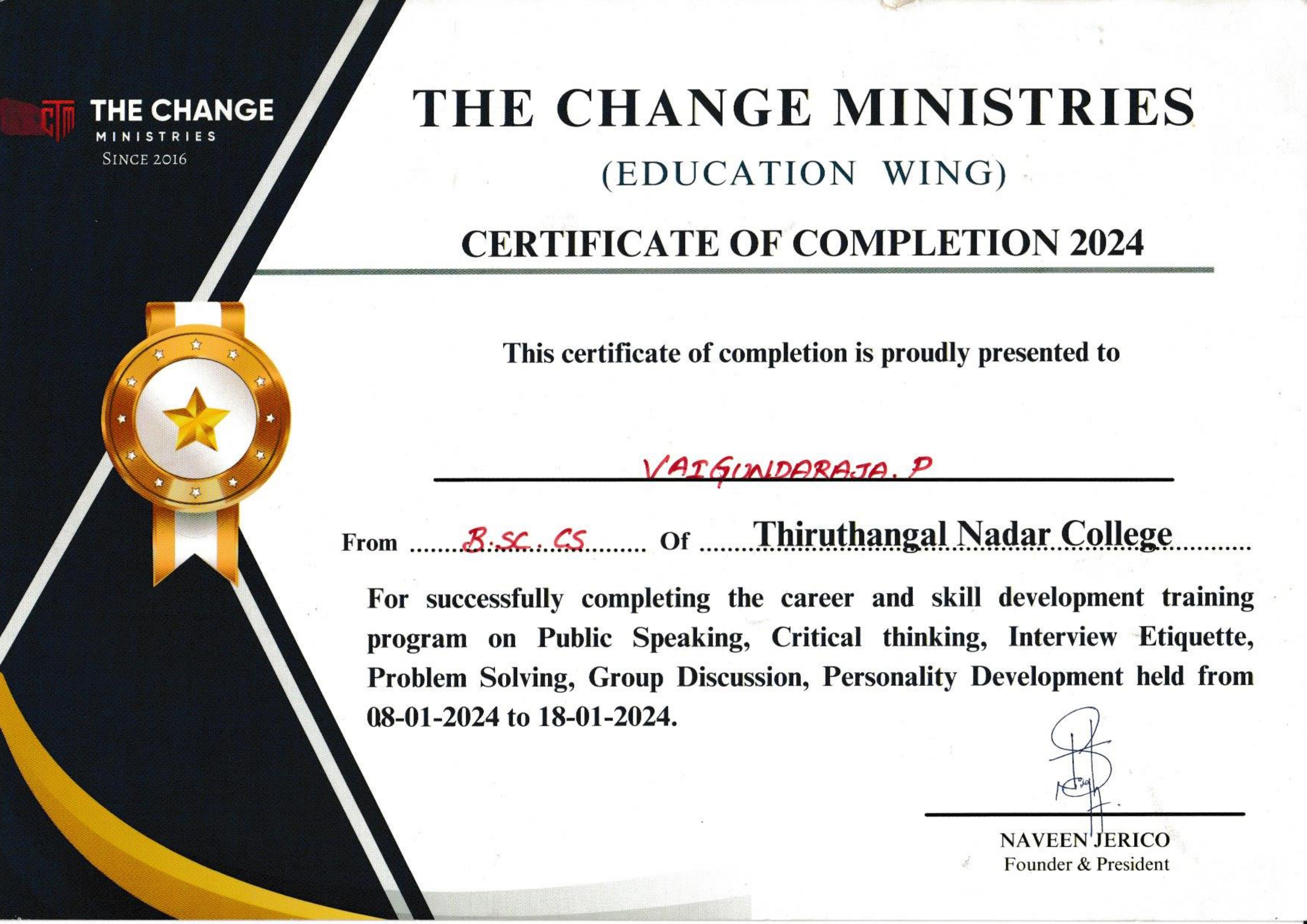 Change Ministries Certificate