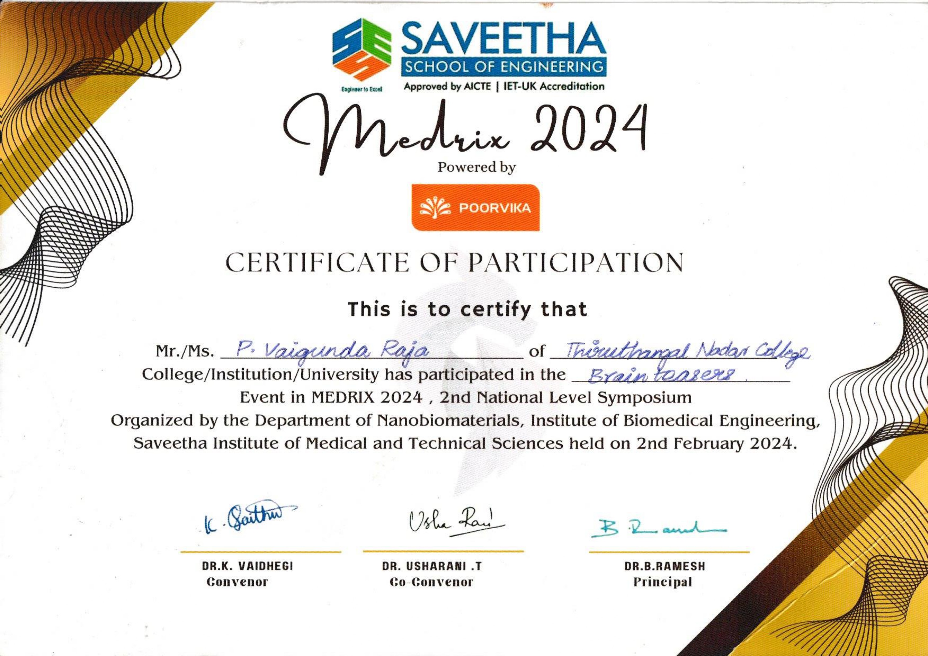 Saveetha Brain Teaser Winner Certificate
