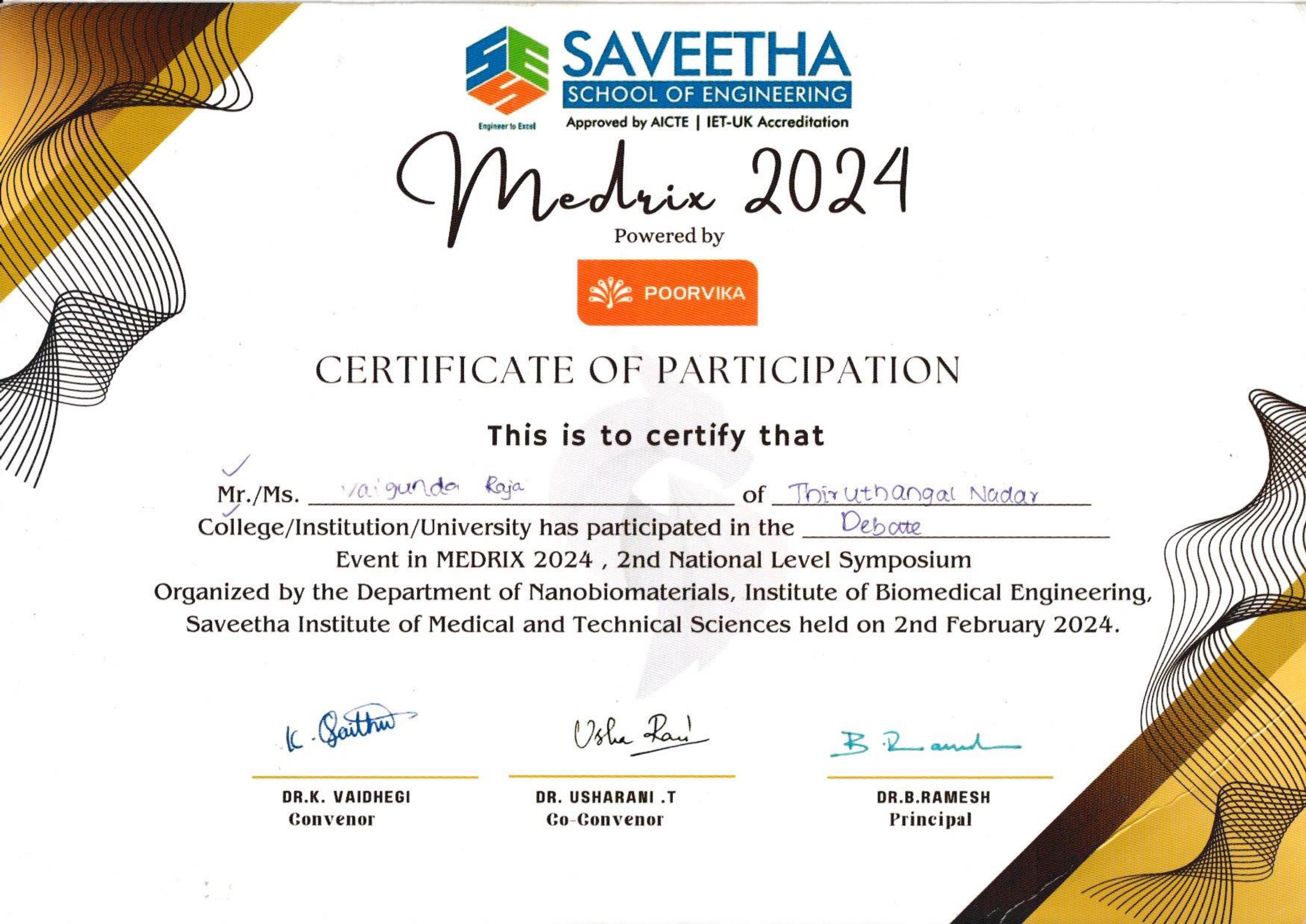 Saveetha Debate Competition Certificate